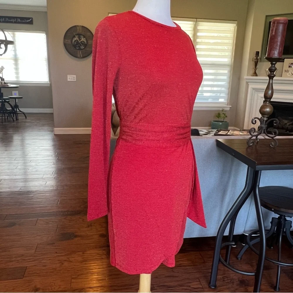 NWT $140 Michael Kors Red Dress Small Gold Metallic Faux-Wrap Crimson - Picture 8 of 15